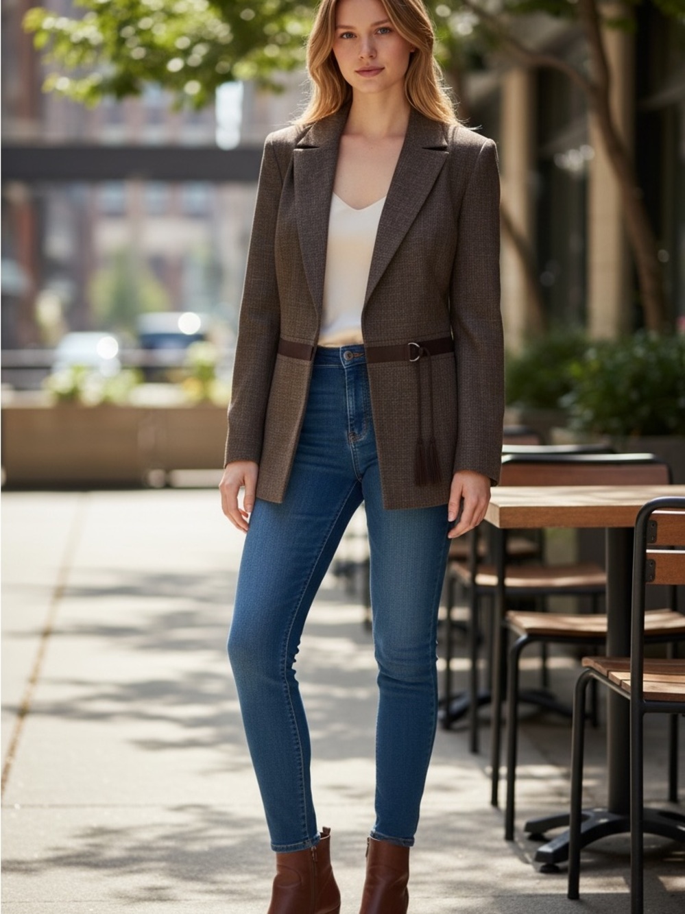 Le Suit Brown Tweed Suede Belted Beautifully Tailored Blazer Size 12